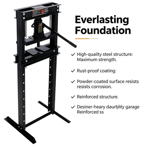 Heavy Duty 12 Ton Hydraulic Shop Press Compact H Frame Bearing Press Machine showing steel structure and lever operation.