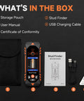 NOYAFA Stud Finder Wall Scanner with storage pouch, USB cable, user manual, and certificate in the box.