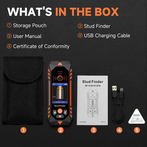 NOYAFA Stud Finder Wall Scanner with storage pouch, USB cable, user manual, and certificate in the box.