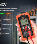 Person holding Must Have All In One Digital Multimeter Volt Meter TRMS 4000 Counts Auto Range NCV Voltage Tester in front of circuit box