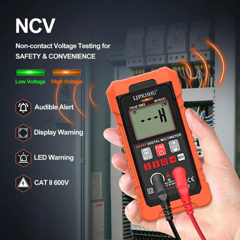 Person holding Must Have All In One Digital Multimeter Volt Meter TRMS 4000 Counts Auto Range NCV Voltage Tester in front of circuit box