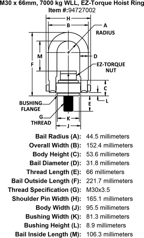 M30 x 66mm No BS Heavy Duty Hoist Ring EZ Torque Series rated for 7000 kg loads showing dimensions and specifications.