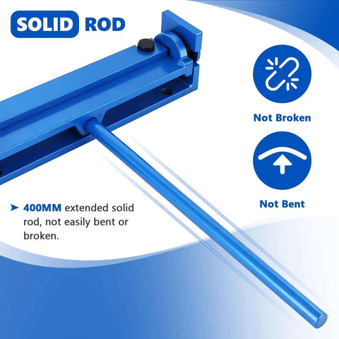 Close-up of blue 7.87 Inch Steel Bending Brake Manual Sheet Metal Bender, showing solid rod extension for durability and stability.