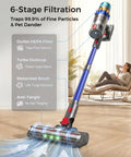 Badass Cordless Vacuum Cleaner With Smart Auto Mode shows 6-stage filtration, HEPA filter, and motorized brush on hardwood.