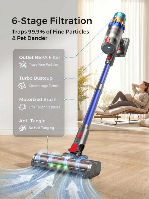 Badass Cordless Vacuum Cleaner With Smart Auto Mode shows 6-stage filtration, HEPA filter, and motorized brush on hardwood.