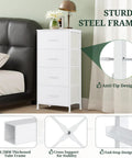No Fuss Space Saving Nightstand With Four Drawers And Wood Top Steel Frame End Table With Fabric Bins White Finish in bedroom setting showcasing sturdy steel frame