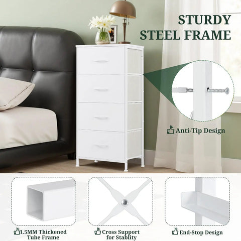 No Fuss Space Saving Nightstand With Four Drawers And Wood Top Steel Frame End Table With Fabric Bins White Finish in bedroom setting showcasing sturdy steel frame