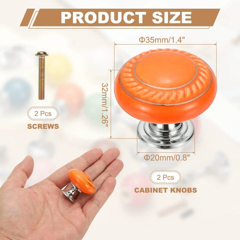 Two Pack Ceramic Cabinet Knobs 1.4 Inch Round Drawer Pulls With Mounting Screws Dope Modern Orange Cabinet Hardware displayed on hand