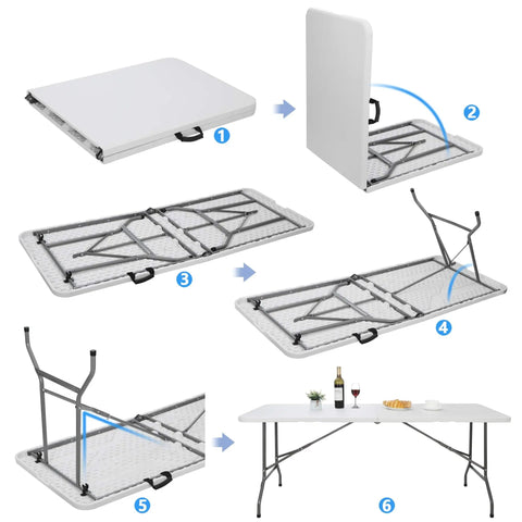 Six Foot Folding Table For Indoor And Outdoor Use, Portable Heavy Duty Fold In Half Plastic Dining Table With Carrying Handle setup