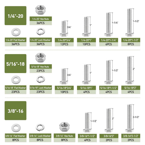 267 Piece Hex Bolts And Nuts Assortment Kit With Washers SAE Fasteners in various sizes, displayed in 304 stainless steel.