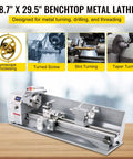 Garage Ready Mini Metal Lathe With One Point One Kw Motor And Butter Smooth Infinite Speed Dials Featuring Sharp Led Readout For Flawless Counter Face Turning And Quick Drilling Tasks viewed from front on wooden surface.