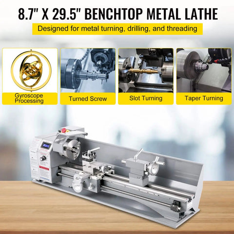 Garage Ready Mini Metal Lathe With One Point One Kw Motor And Butter Smooth Infinite Speed Dials Featuring Sharp Led Readout For Flawless Counter Face Turning And Quick Drilling Tasks viewed from front on wooden surface.