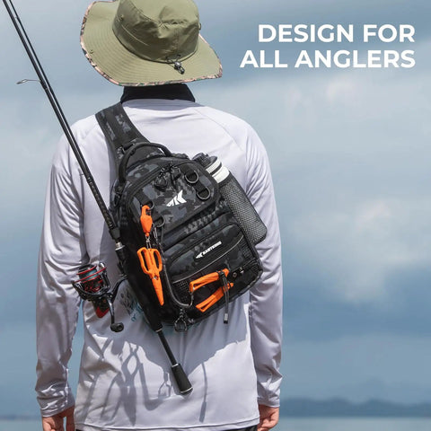 Angler wearing BaitSpace Standard Fishing Tackle Sling Bag Water Resistant Pack with rod holder and beverage space, rear view.
