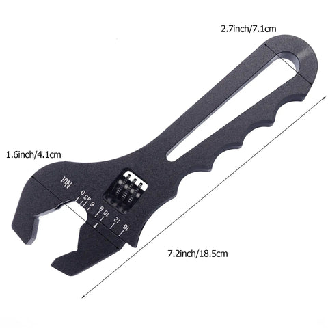 Side view of Adjustable Aluminum Fitting Wrench For AN Hose Fittings 3AN Through 16AN Ultra Lightweight Spanner Tool with measurements.