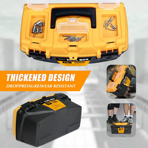 Two Piece Portable Plastic Tool Box Set With Removable Tray And 15 Inch Storage Box, showing drop resistance and durability.