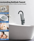 Dope Matte Black Freestanding Tub Filler Faucet With Shower And Handheld Sprayer in modern bathroom setup with bathtub.
