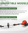 Compatible models list for Echo SRM-225 series trimmers and leaf blowers with image of an Echo string trimmer.