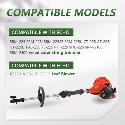 Compatible models list for Echo SRM-225 series trimmers and leaf blowers with image of an Echo string trimmer.