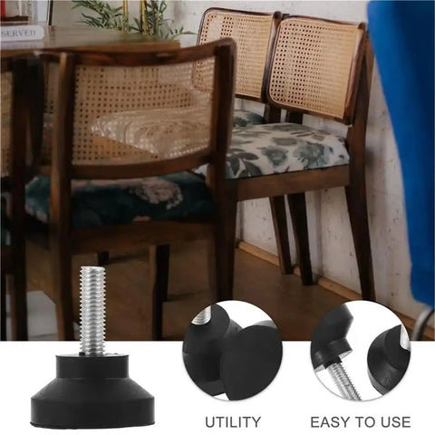 Heavy Duty M8 Adjustable Leg Levelers With Rubber Feet For Furniture Tables Chairs Cabinets And Workbenches Sturdy And Tough As Nails Threaded Feet Wide Base Floor Protection Smooth Height Adjustment Anti Slip Stability 8 Pack, shown under chairs