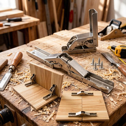Hidden Cabinet Door Hinges 90 Degree Invisible Folding Hinge 2-Pack Concealed Flush-Mount Hardware on wooden workbench