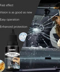 DIY Glass Repair Kit for Windshields and Windows; visible bottled repair liquid and cracked windshield being fixed.