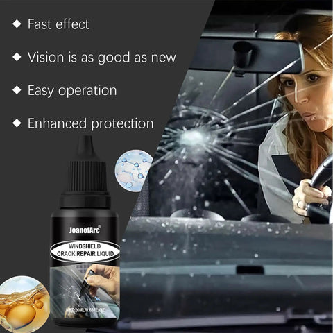DIY Glass Repair Kit for Windshields and Windows; visible bottled repair liquid and cracked windshield being fixed.