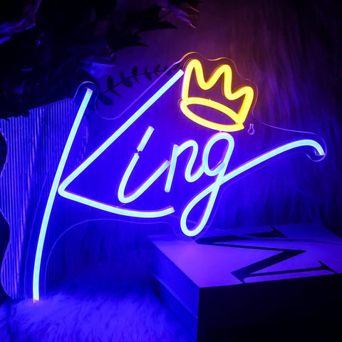 King Neon Sign Blue Letters LED Neon Light With Pink Crown Wall Decor For Bedroom Kids Room Teen Boys Room Birthday Wedding