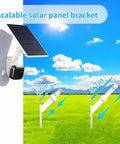 Scalable solar panel bracket on wall with security camera, showing adjustable pole dimensions, for 2 In 1 Pole And Wall Mount For Cameras And Solar Panels Compatible With Ring Blink Eufy Arlo Wyze Solar Panels And Cams Universal Quarter Inch Screw Adjustable Angle For Easy Outdoor Security Setup.
