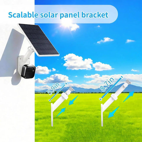 Scalable solar panel bracket on wall with security camera, showing adjustable pole dimensions, for 2 In 1 Pole And Wall Mount For Cameras And Solar Panels Compatible With Ring Blink Eufy Arlo Wyze Solar Panels And Cams Universal Quarter Inch Screw Adjustable Angle For Easy Outdoor Security Setup.