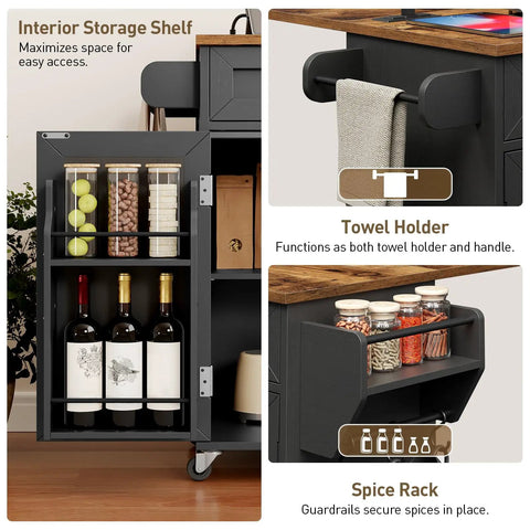 Interior of Ultimate Home Kitchen Island With Built In Power Outlets And Drop Leaf Go To Sturdy Black And Rustic Brown Kitchen Cart
