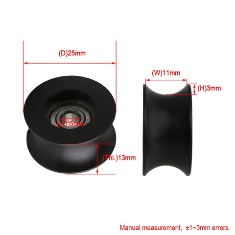 U-Groove Black Plastic Guide Pulley Wheel With Steel Bearing, 11mm Wide 3mm Deep, 25mm OD, 5mm ID
