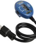 AmWatt Appliance Load Tester Plug With Digital Amp And Watt Readout, Switch Between Amps And Watts, 15 Amp Capacity, 125 To 1875 Watt Range, 26 Inch Cord Reaches Remote Outlets, Blue plug with black cord and outlet prongs