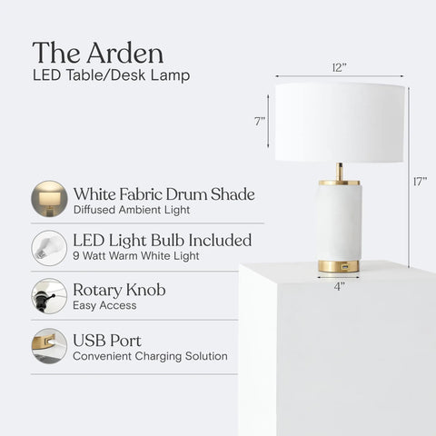 Diagram of Arden LED Table Lamp With USB Port, showing dimensions, white drum shade, rotary knob, and marble finish.
