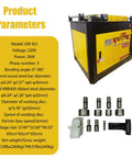 Heavy Duty Electric Rebar Bender With Zero To One Eighty Degree Adjustable Pivot And Rock Solid Cast Iron Frame Built Like A Tank For Tough Job Site Work And Steel Bends with specifications and tools.