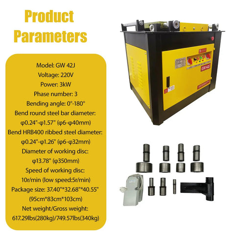 Heavy Duty Electric Rebar Bender With Zero To One Eighty Degree Adjustable Pivot And Rock Solid Cast Iron Frame Built Like A Tank For Tough Job Site Work And Steel Bends with specifications and tools.
