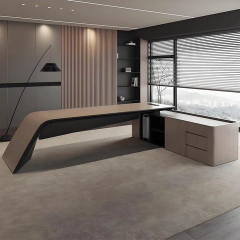 Top Tier Executive Office Desk With Sturdy Chair And Roll Away Lateral File Cabinet Silver Sandalwood Finish shown in modern office setting.