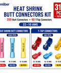 Shop Grade Heat Shrink Butt Connector And T Tap Splice Kit With Heavy Duty Wire Crimper 250 Piece Assorted Terminals 22 To 10 Awg For Quick Garage Wiring Repair And Main Street Fixups, 310 pcs total.