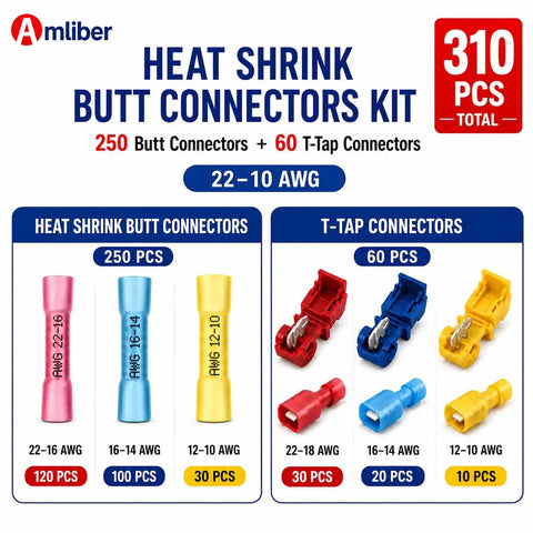 Shop Grade Heat Shrink Butt Connector And T Tap Splice Kit With Heavy Duty Wire Crimper 250 Piece Assorted Terminals 22 To 10 Awg For Quick Garage Wiring Repair And Main Street Fixups, 310 pcs total.