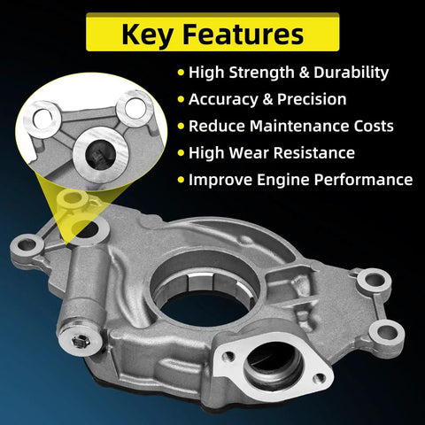Chevy 5.3 Timing Chain Kit M295HV Oil Pump, shown in metal finish with key features like durability and precision highlighted.