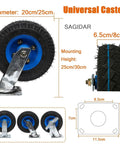 Built Tough High Elastic Rubber Caster Wheels That Roll Slick With Swivel Brake Lock And Reinforced Steel Base For Tool Carts Toolboxes Garage Gear 2 Pack 10 Inch shown at multiple angles, featuring thick rubber tires.