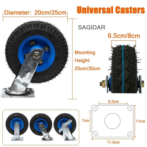 Built Tough High Elastic Rubber Caster Wheels That Roll Slick With Swivel Brake Lock And Reinforced Steel Base For Tool Carts Toolboxes Garage Gear 2 Pack 10 Inch shown at multiple angles, featuring thick rubber tires.