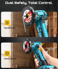 Cordless Mini Angle Grinder 3 Inch Brushless, 19000 RPM, with safety features visible, shown with user holding handle