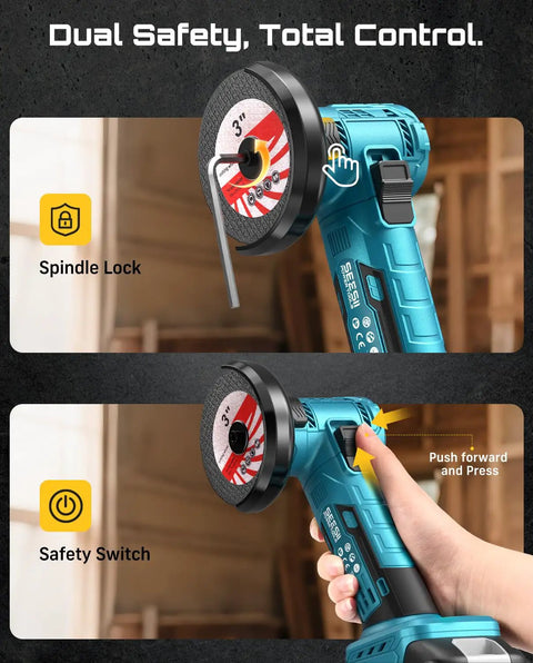 Cordless Mini Angle Grinder 3 Inch Brushless, 19000 RPM, with safety features visible, shown with user holding handle