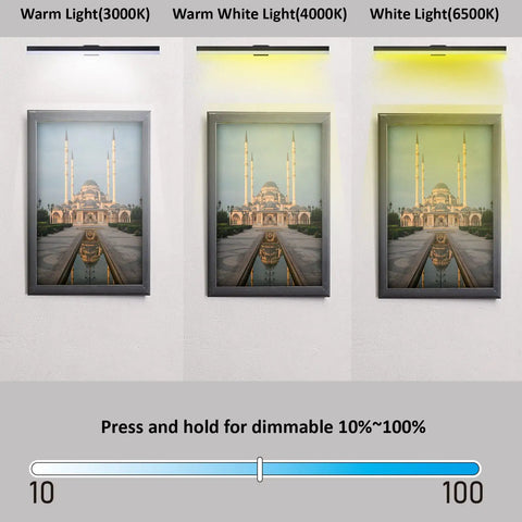 Must-Have Rechargeable 22 Inch Picture Light With Remote displaying 3 lighting modes on art