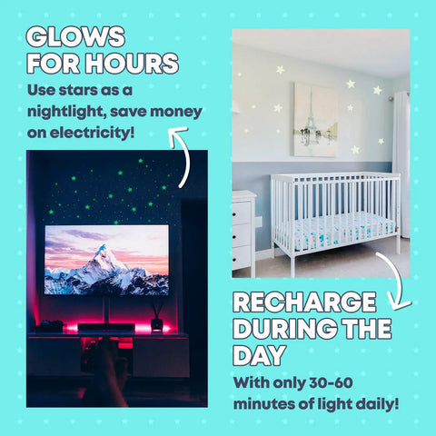 Glow In The Dark Ceiling Stars Kit For Kids Room With 220 Reusable Glow Stars In Three Sizes, Moon And North Star, displayed in bedroom and playroom