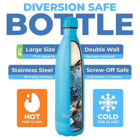 Dual Chamber Water Bottle With Hidden Storage Stash Compartment Insulated Double Walled Stainless Steel Tumbler 17oz Matte Black Leak Proof For Travel And Home Everyday Use displayed with features and benefits.