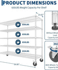 Heavy Duty 5 Tier Rolling Metal Wire Storage Rack With Smooth Gliding Casters For Garage Or Pantry Featuring Beast Grade Rust Resistant Build Plus Slick Matte Finish dimensions with weight capacity details.