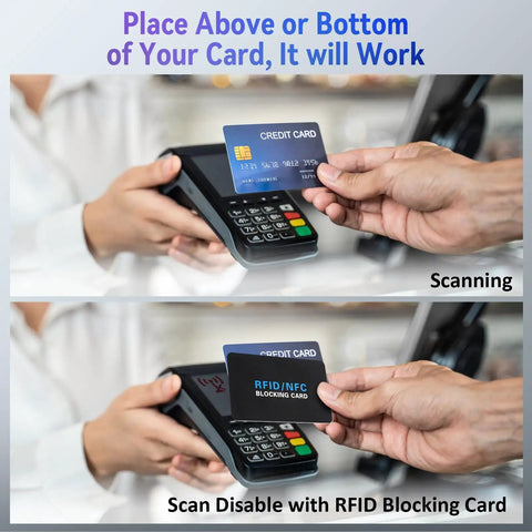 Five Pack RFID Blocker Cards For Wallets Protect All Contactless Cards From Scanning NFC Debit Credit Passport Protection Slim Wallet Friendly Black Fits In Any Pocket shown blocking card scan.