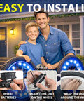 Father and son installing LED Bike Wheel Lights Set For Night Riding 2 Tire Pack With 7 Color Modes on bicycle at night
