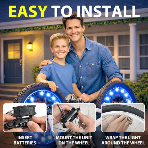 Father and son installing LED Bike Wheel Lights Set For Night Riding 2 Tire Pack With 7 Color Modes on bicycle at night
